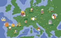 An illustrated map of Europe with different drawings related to the Camino de Santiago placed in different points (a walker, an arrow, a construction).