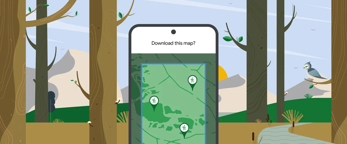 Illustration of a Pixel Phone showing a Google Map with trail icons on it. A message at the top of the phone says “Download this map?” In the background there is a landscape featuring mountains, trees and birds.