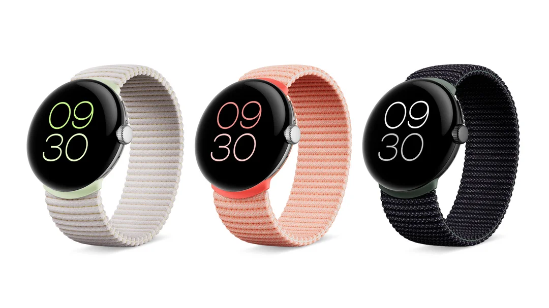 Three Pixel Watches with Stretch bands, with each band featuring a different color: Linen, Rose and Obsidian