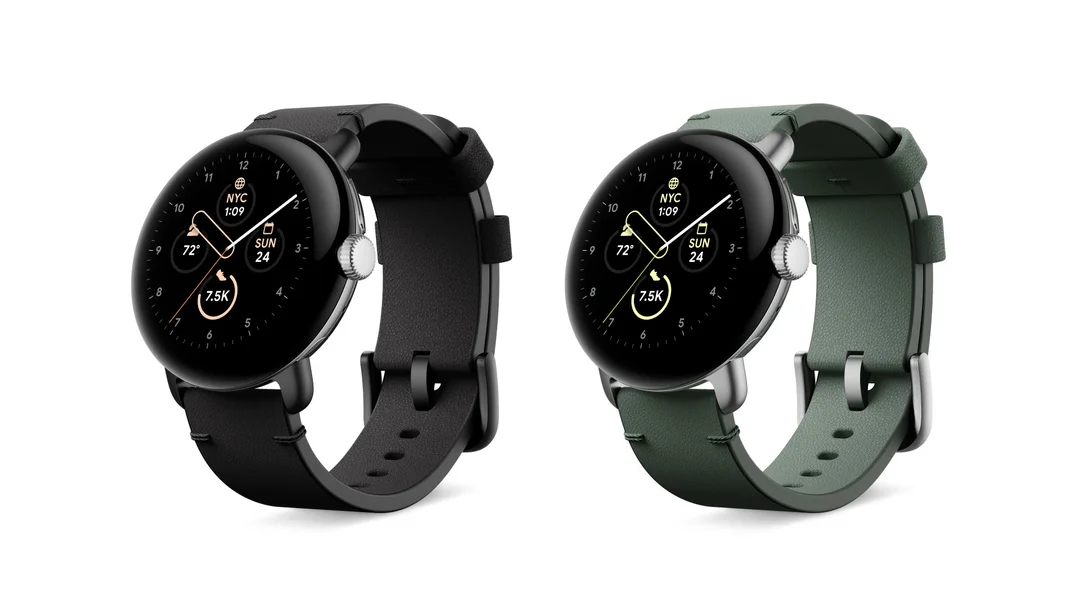 Two Pixel Watches with Crafted Leather bands, with each band featuring a different color: Obsidian (left) and Ivy (right)