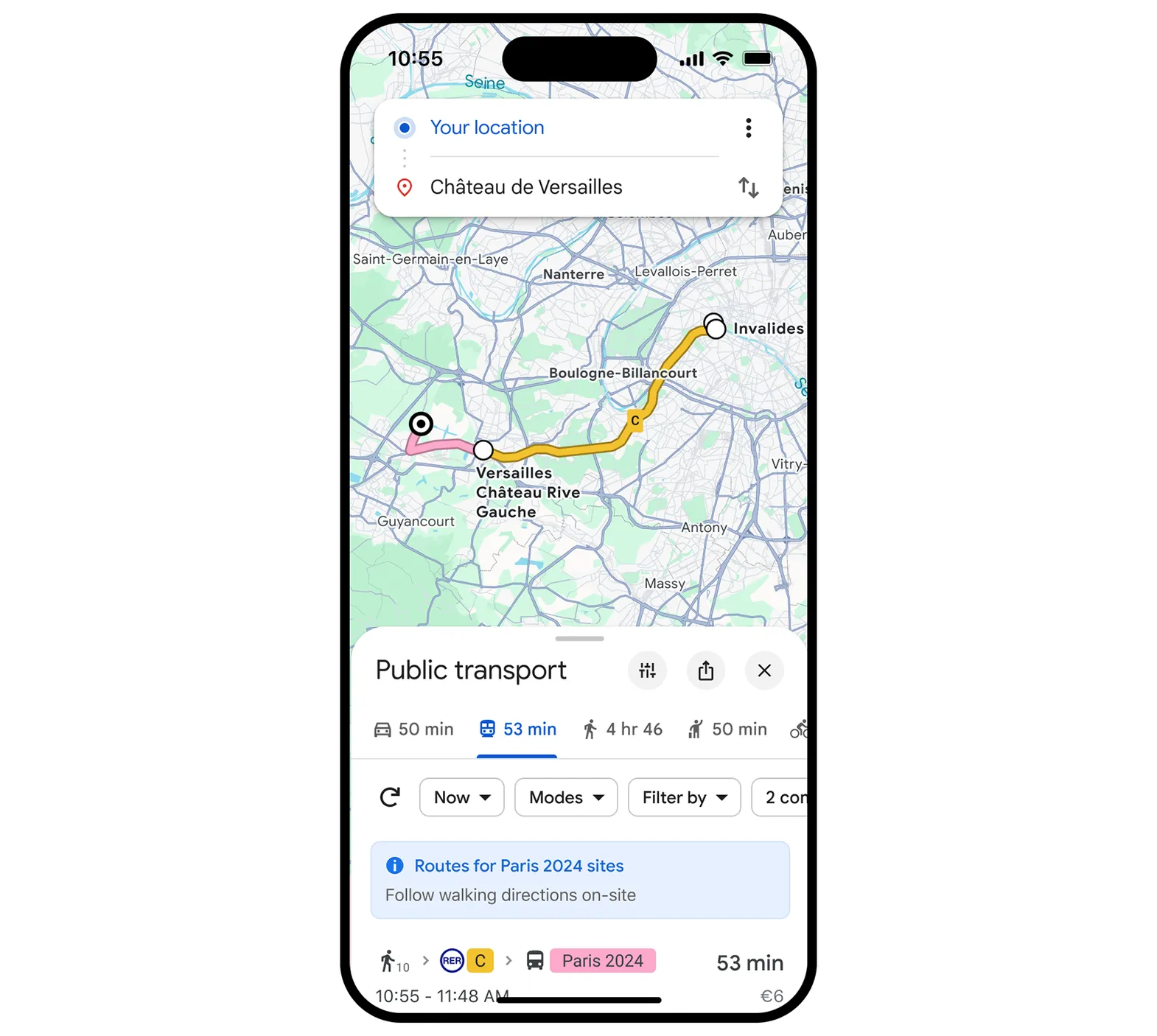 A still image of a phone showing public transport on Maps