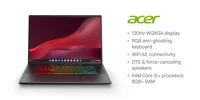 Laptop mit Acer-Logo und technischen Daten wie Display, WLAN, Tastatur, Lautsprecher und Prozessor.