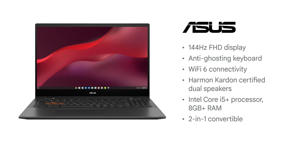 Laptop mit ASUS-Logo und technischen Daten wie Display, Tastatur, WLAN, Lautsprecher und Prozessor