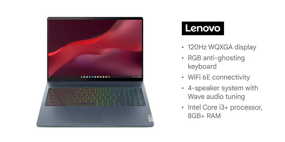 Laptop mit Lenovo-Logo und Spezifikationen wie Display, Tastatur, WLAN, Lautsprecher und Prozessor.