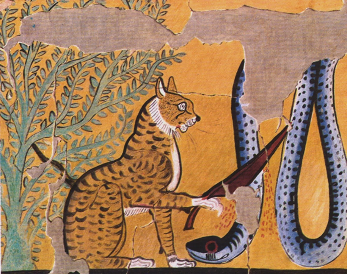 A painting of an orange cat with black stripes, holding a knife over a gray spotted serpent, next to a painted tree.