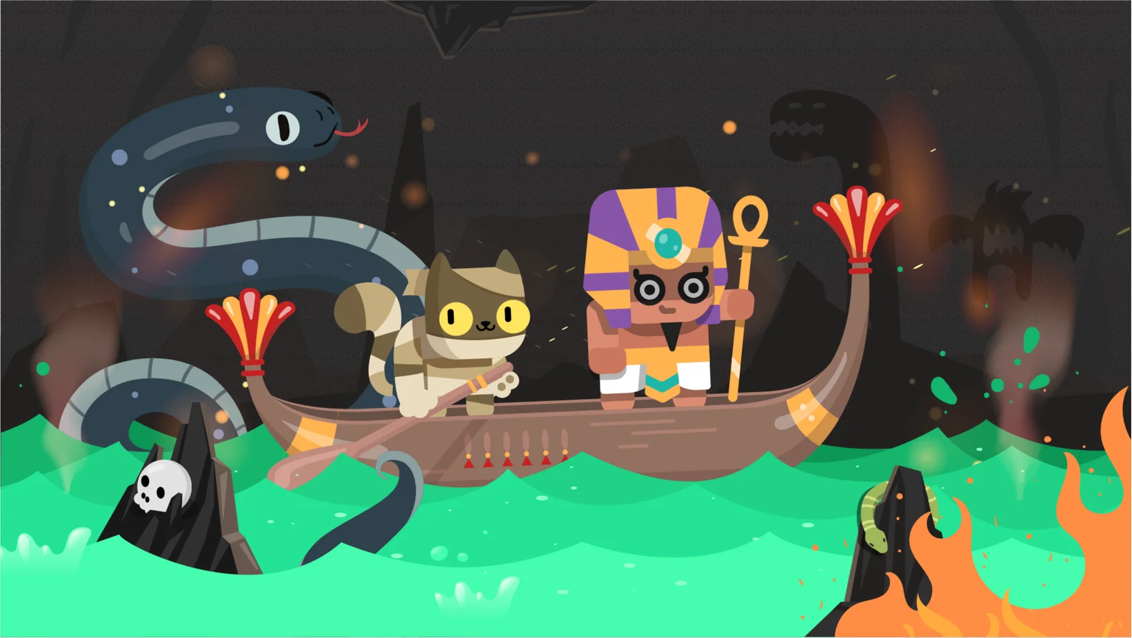 An illustration from the game showing the cat mummy and the pharaoh on a boat in a green river filled with monsters such as a giant serpent.