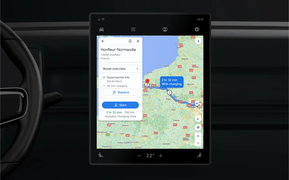 Imagen fija de Google Maps integrado en un vehículo eléctrico