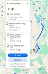 Ein Bild zeigt eine vorgeschlagene Google Maps-Route mit mehreren Haltestopps, einschließlich einer vorgeschlagenen Ladestation.