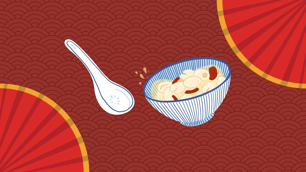 illustration of a bowl of beans with a ceramic spoon, against an abstract background