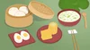 an illustration of a steamer with dumplings, a corn on the cob, a hard boiled egg, a bowl of rice, chopsticks, a spoon