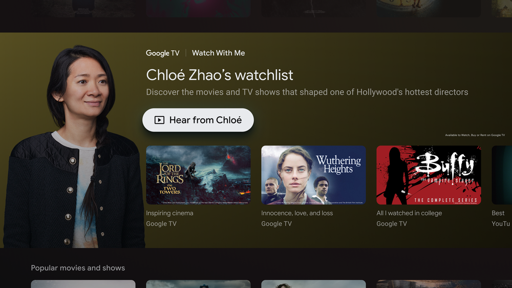 Google TV showing the Watch With Me page with Chloé Zhao’s watchlist.