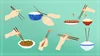 an illustration of several hands holding chopsticks and a few bowls of food