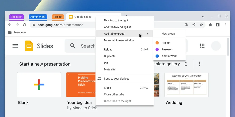 Chrome window with tab groups labeled "Research," "Admin work" and "Project." A cursor hovers over an open Google Slides tab to select "Add tab to group" from the drop-down menu.