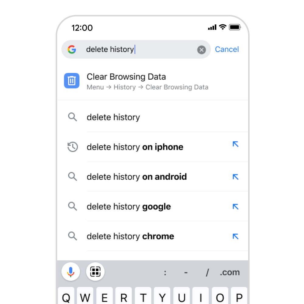 Image of Chrome Actions on iOS, which specifically shows the Chrome address bar with the phrase “delete history” typed in.