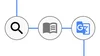 Three circles in a horizontal row are connected with a thin blue line. In the first circle contains an illustration of a magnifying glass, the second circle contains an illustration of an open book, and the third circle contains the icon for Google Translate