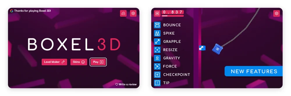 Side-by-side images of Boxel 3D’s user interface that includes an explanation of how the extension converts text-to-speech to read your emails and other documents in a natural way.