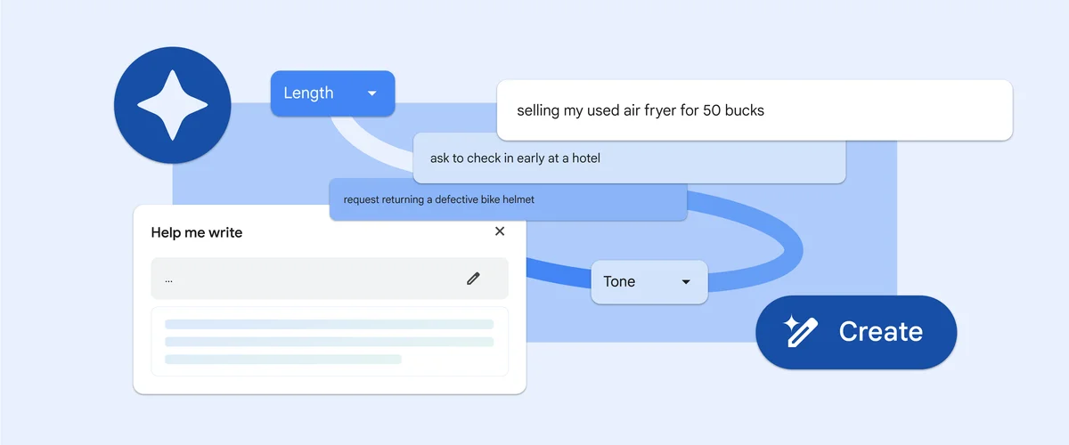 Zoomed in image of the “Help me write” text window in Chrome with three sample text prompts. 1) “selling my used air fryer for 50 bucks” 2) “ask to check in early at a hotel” and 3) “request returning a defective bike helmet”