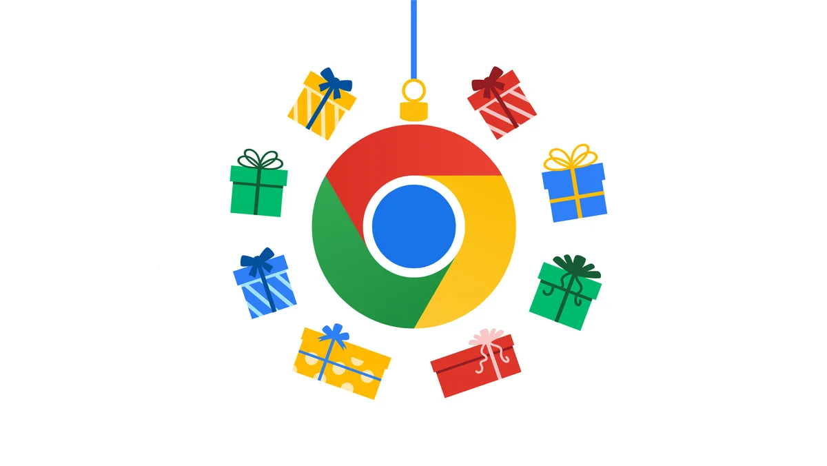 Hero image of Chrome icon in the middle with various holiday gift presents surrounding it.