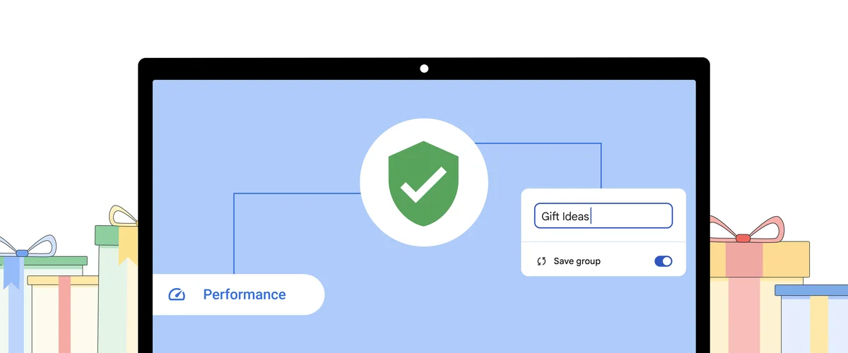 Illustration of a computer screen with the Safety Check shield logo in the center, performance controls to the left and a function to save a tab group (labeled “Gift ideas”) to the right.