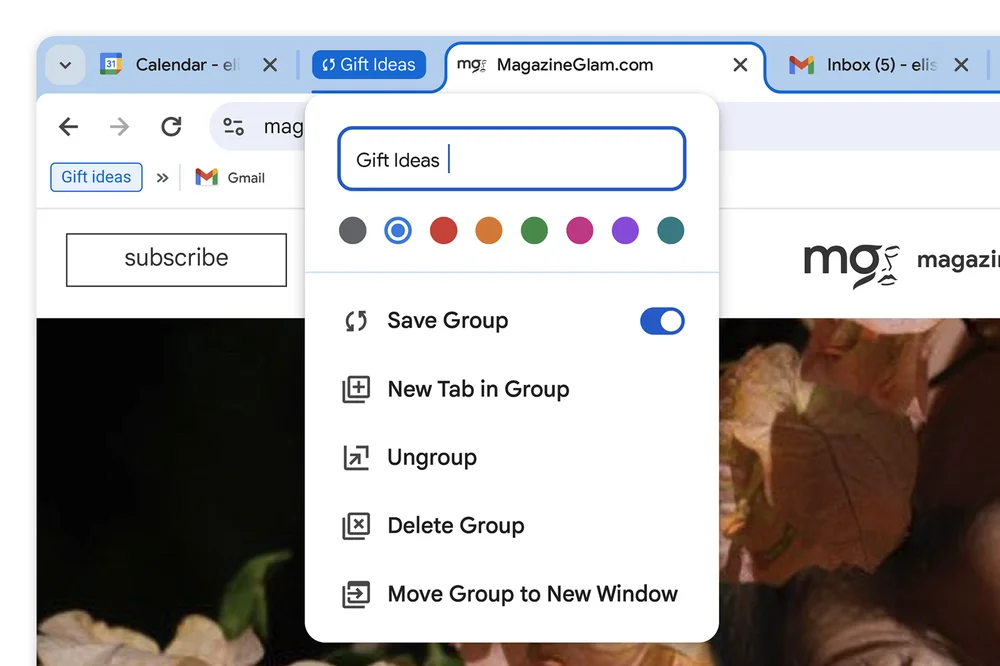 Close-up of a “Gift Ideas” tab group in Chrome with the “Save Group” toggle on, so it can be accessed on another device.