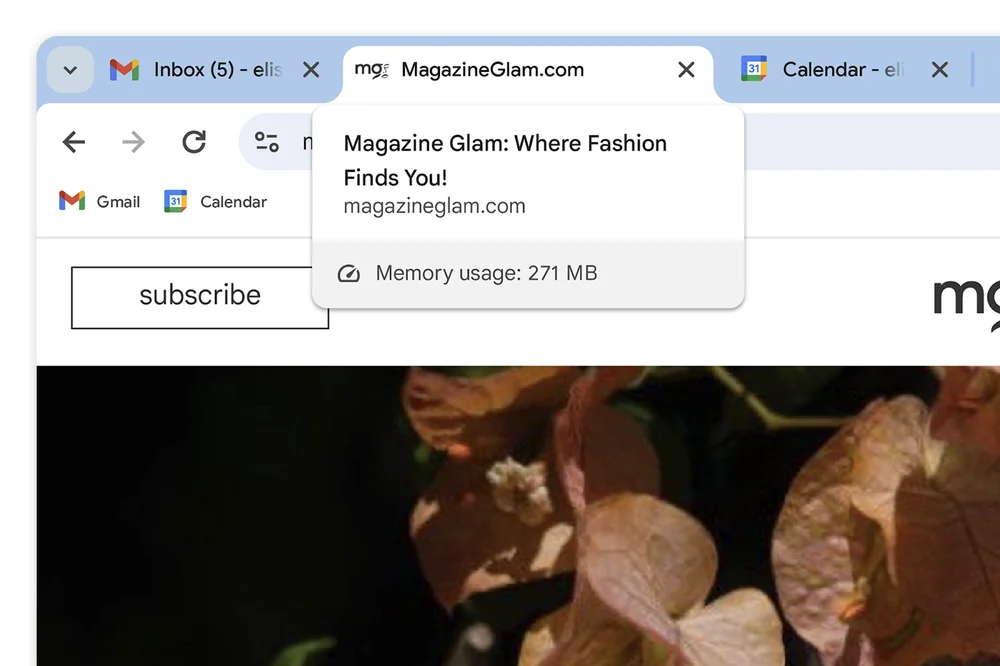 Primer plano de una pestaña de Chrome "MagazineGlam.com" que muestra el uso total de memoria del sitio web