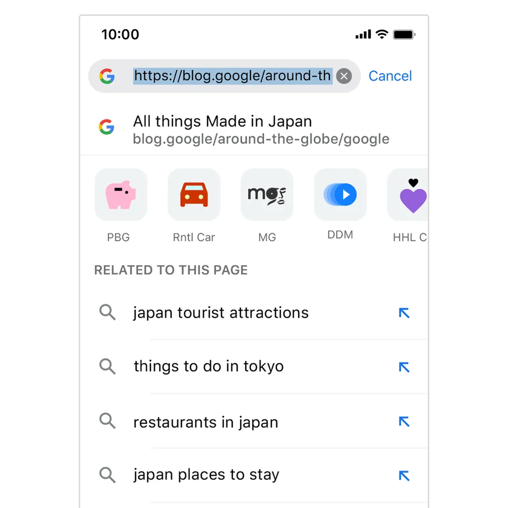 In Chrome su iOS viene evidenziato l'URL di un blog su "Tutto ciò che è made in Japan". Di seguito vengono suggerite le ricerche correlate al sito Web, tra cui "attrazioni turistiche del Giappone" e "cose ​​da fare a Tokyo".