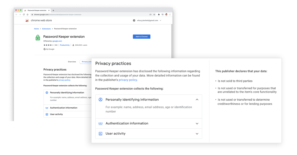 Image showing user interface for Chrome extension "privacy practices" feature