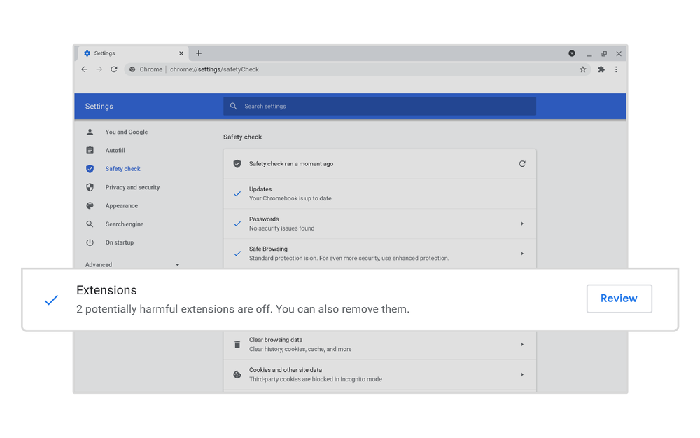 Image showing user interface for Chrome’s Safety check. Image dialogue box reading "2 potentially harmful extensions are off. You can also remove them."