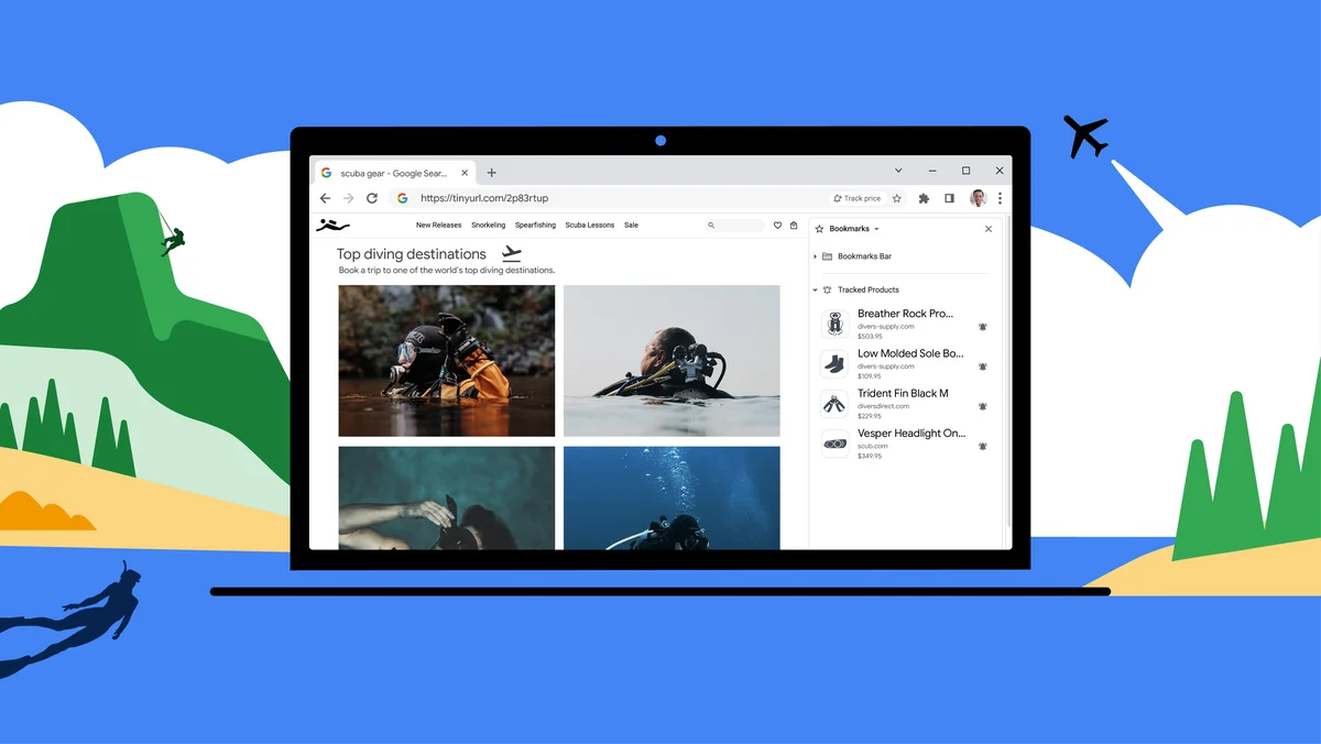 A laptop with a Chrome tab open sits in front of an illustrated mountain and lake. Someone searches for top diving destinations in Chrome.
