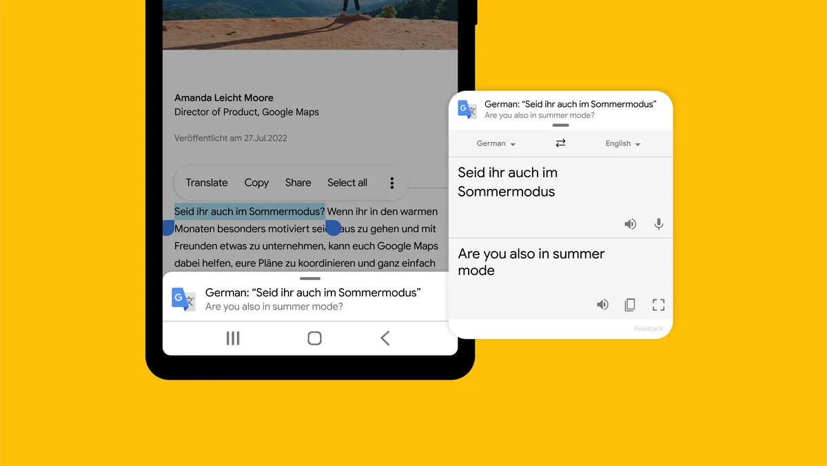 Article's hero media showing image of Pixel phone with a highlighted word in German being translated into English.