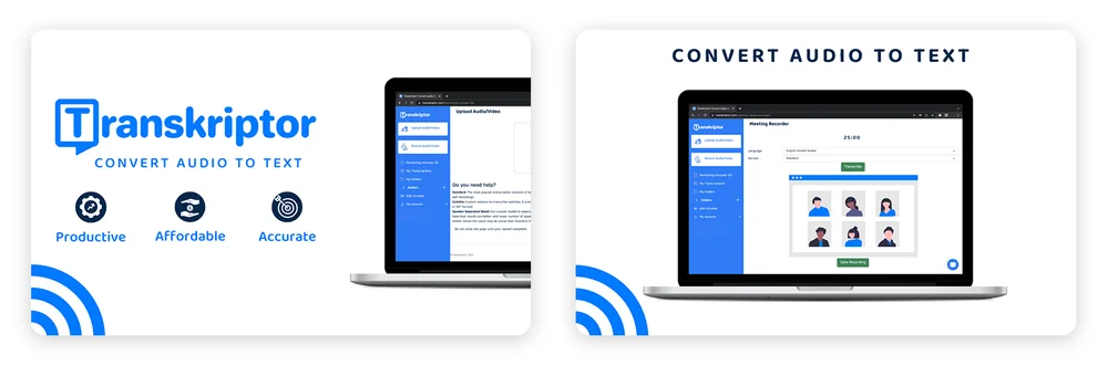 Side-by-side images of Transkriptor’s user interface that includes an explanation of how the extension converts audio to text during work meetings.