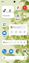 Screenshot of an Android homepage with a Chrome dino widget and two sizes of Chrome shortcuts widgets, which include a Search box and buttons for voice search, incognito, Lens and the dino game