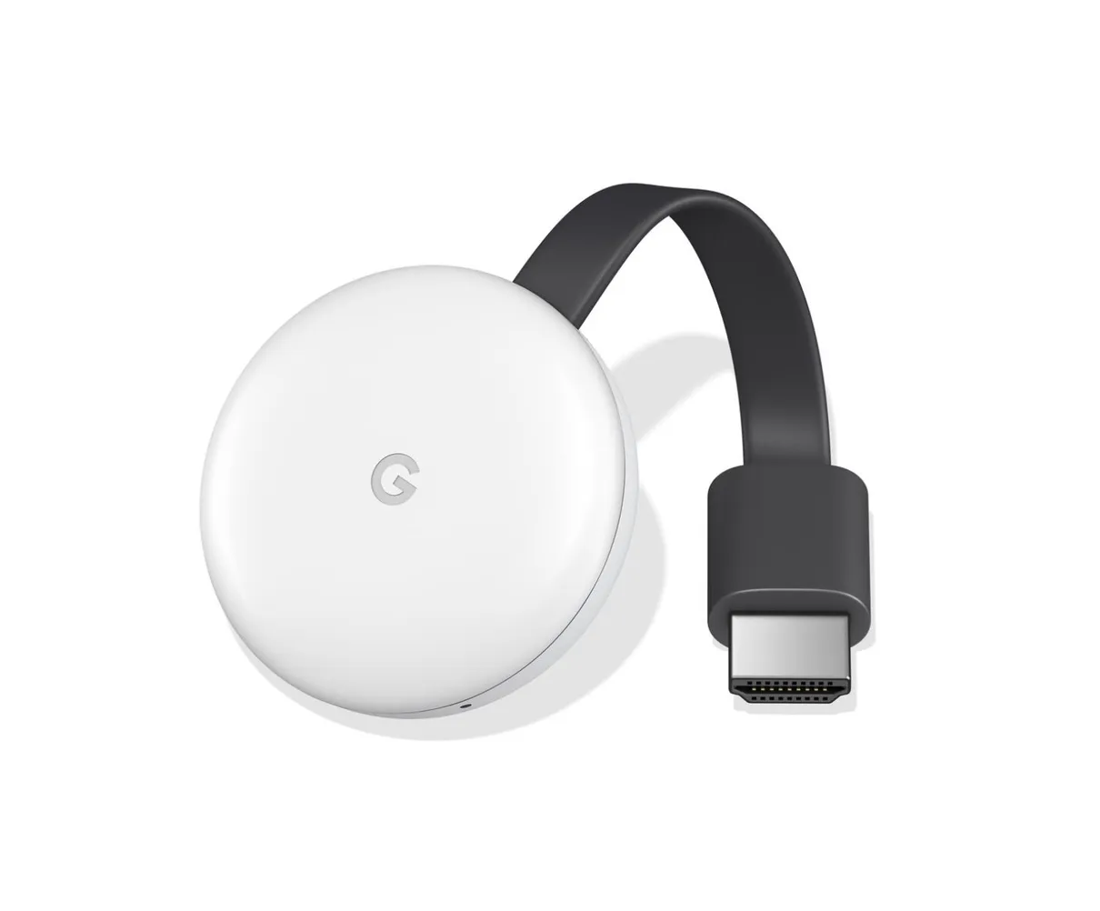 A white, circular device with the Google G logo in the center and a black, flat HDMI cord attached