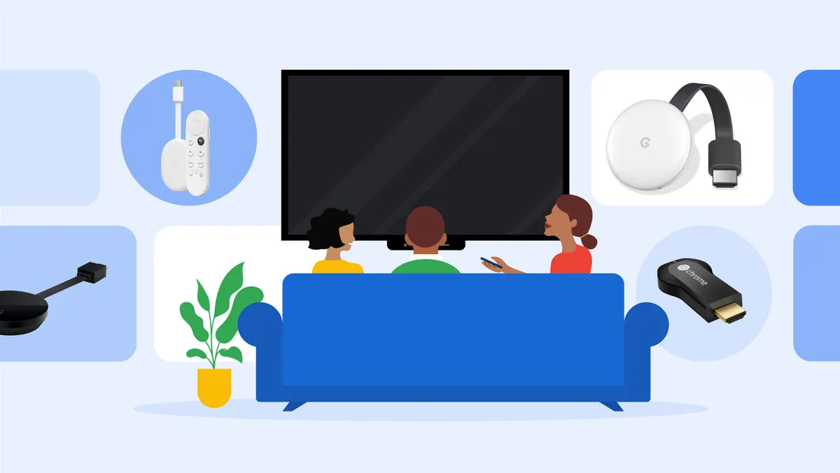 Illustration of three people sitting in front of a TV. Four iterations of Chromecast devices surround them in bubbles.