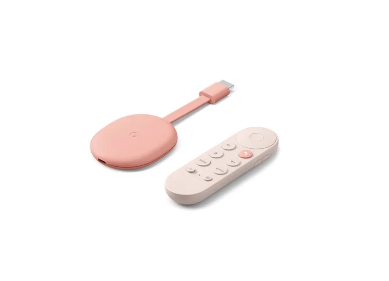 A pink, oval-shaped dongle with attached HDMI cord. Next to it is a pink, curved remote with eight buttons and a circular d-pad.