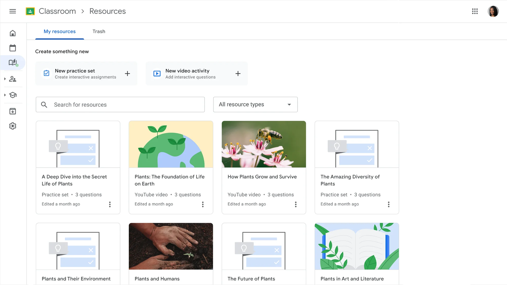 A tab within Google Classroom with a title that says “Resources.” The tab shows thumbnails for practice sets and YouTube videos. There is also a search bar and two buttons to create practice sets and video activities.