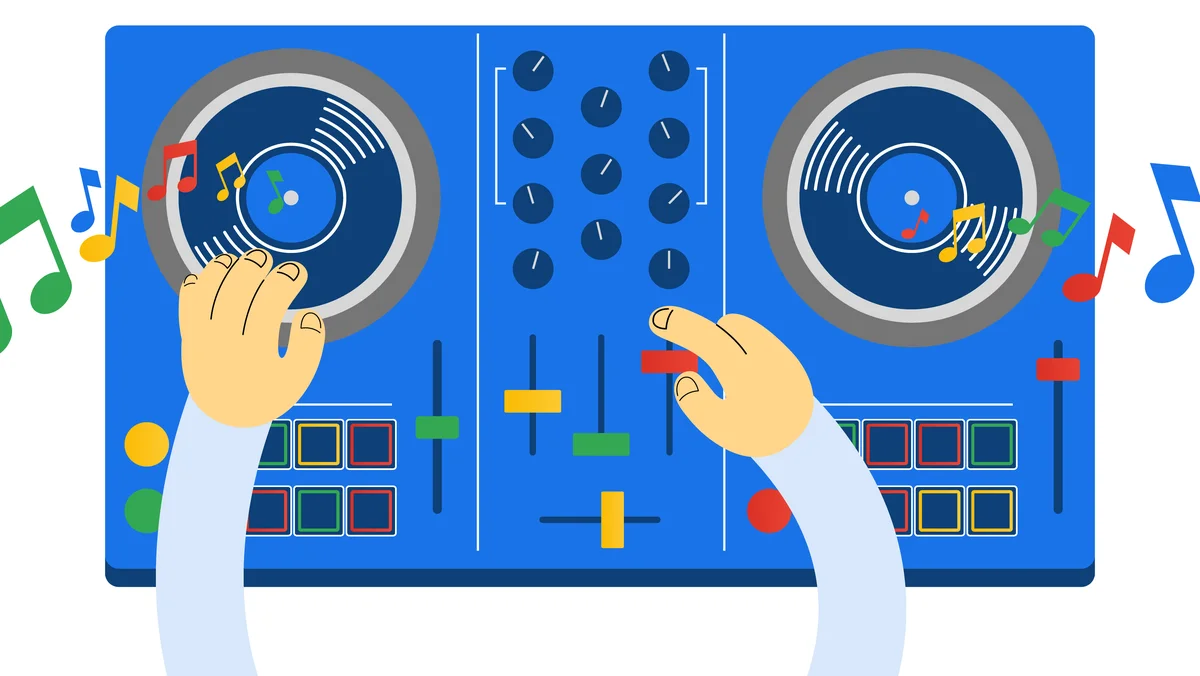 Image of a blue colored DJ turntable with musical notes superimposed.