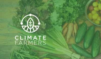 Climate Farmers logo with image of produce behind it.
