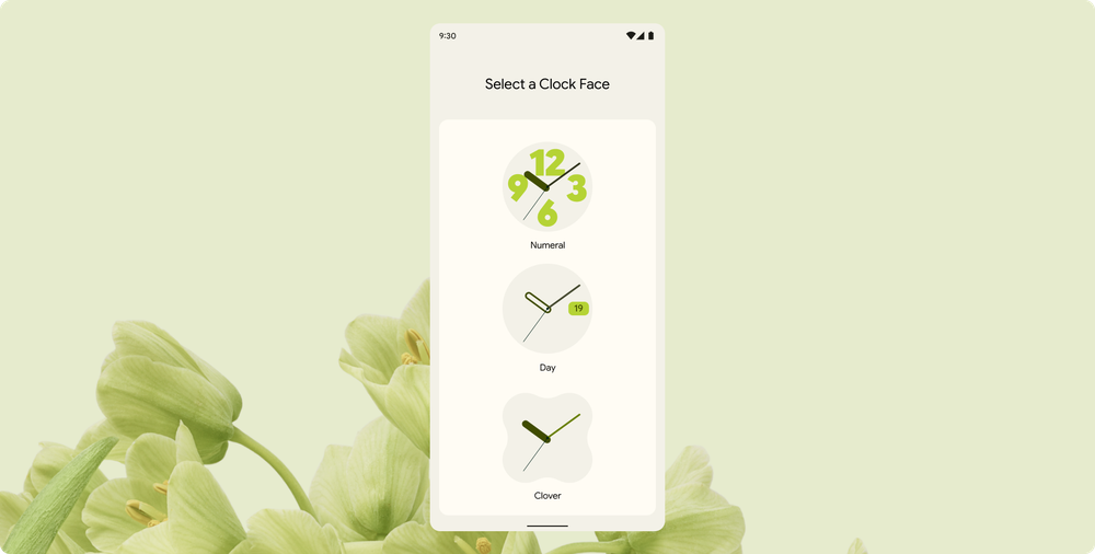 Light green photo of flowers as Android wallpaper. The analog clock selection in the foreground shows three different types of analog clock faces.