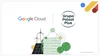 Logo Google Cloud i Grupy Polsat Plus nad ilustracją przedstawiającą słońce, panele fotowoltaiczne, drzewa i turbiny wiatrowe.