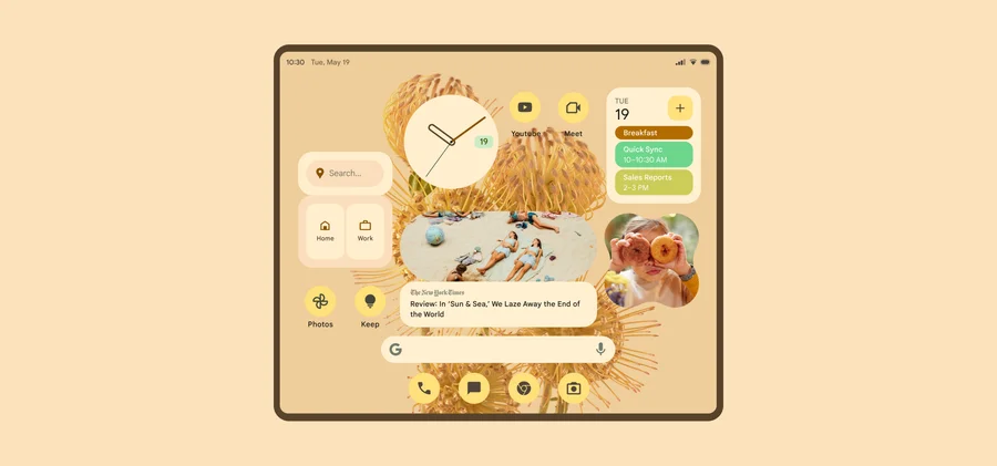 An Android tablet with a warm orange wallpaper shows a collection of widgets organized in a unique way. The widgets include Google Photos, Calendar, Maps and the analog clock.