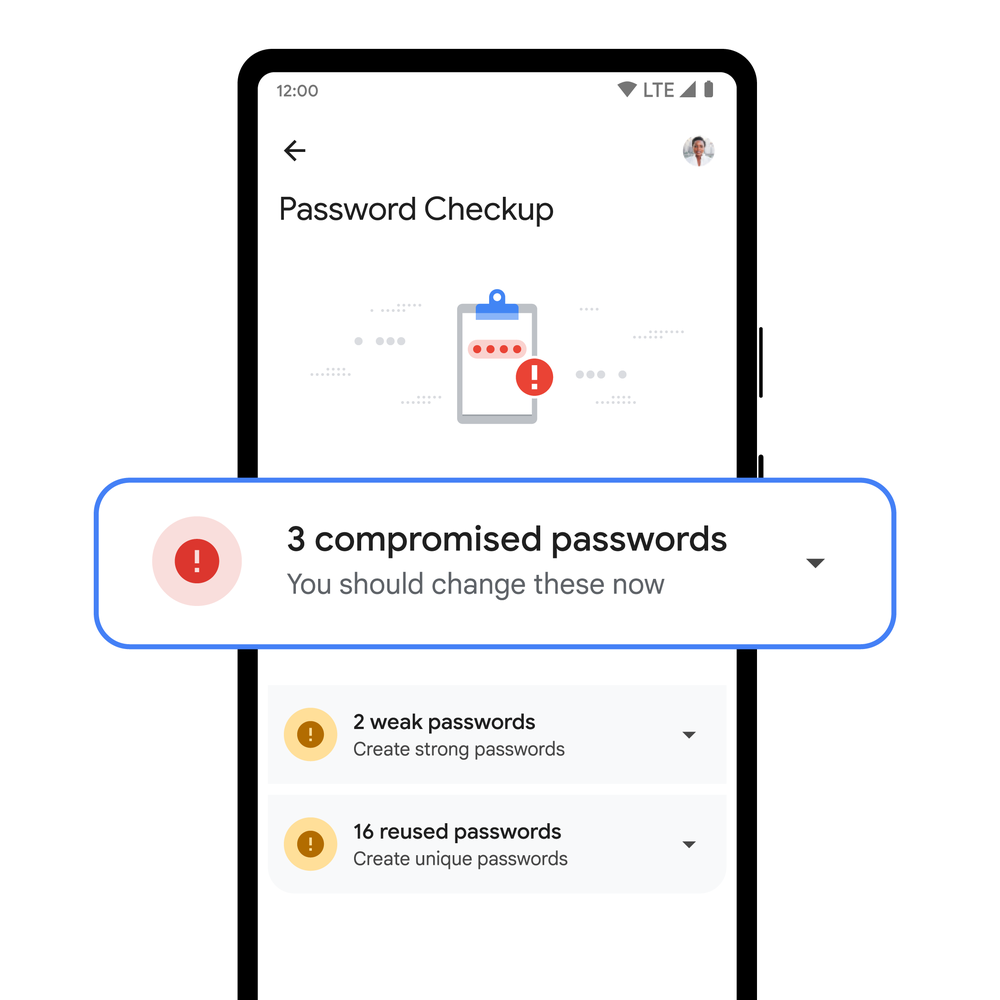 Image showing how the Password Checkup feature flags compromised passwords on Android