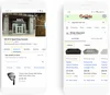 There are two phones showing products for sale that are available in-store. The first shows the products tab on Dick’s Sporting Goods’ Business Profile page on Google. The second shows a Google Search results page advertising dog beds that are available for curbside pickup or pick up today in nearby stores.