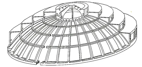 An architectural plan of the dome of the Centennial Hall. The image is merely a contour of the dome against a white background. It’s very simple, no architect notes are added.