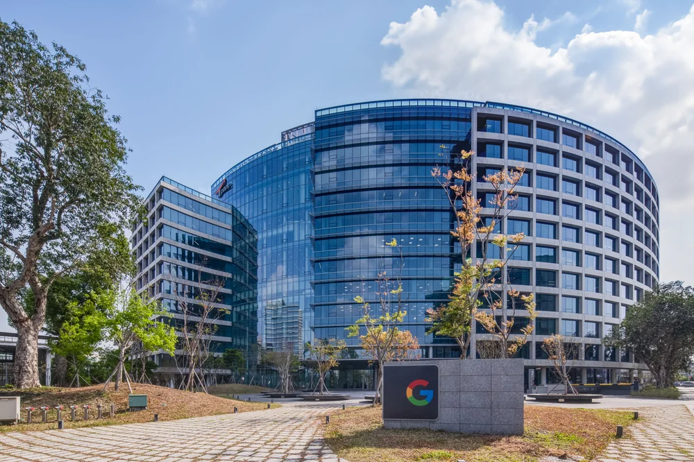 Exterior shot of a round, glass building