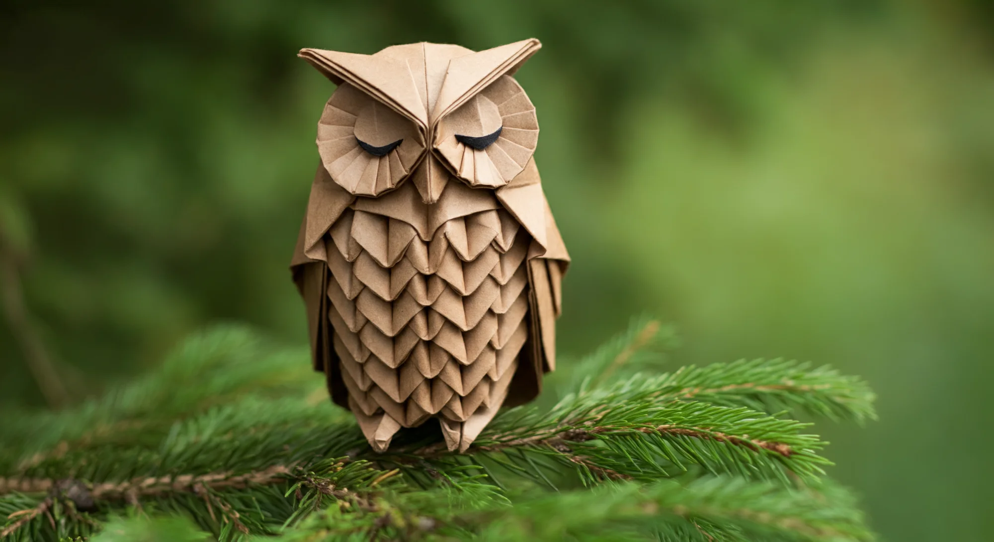 Un hibou en origami détaillé, en papier brun, est perché sur une branche de pin, les yeux fermés. Ses plumes sont finement pliées et il a une expression sereine. L’arrière-plan est un flou de feuillage vert.