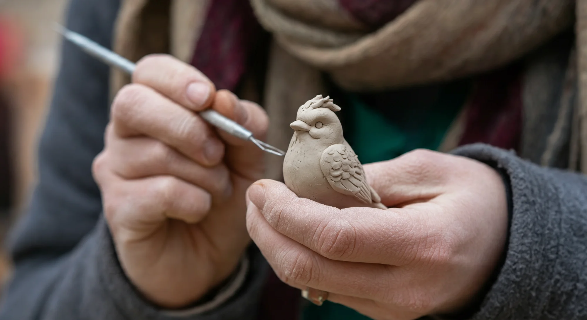 La mano de una persona mientras sostiene una pequeña figura de arcilla de un pájaro en una mano y la esculpe con una herramienta de modelado en la otra. Sus manos están cubiertas de polvo de arcilla. El escultor viste una chaqueta polar gris y una bufanda marrón y burdeos.