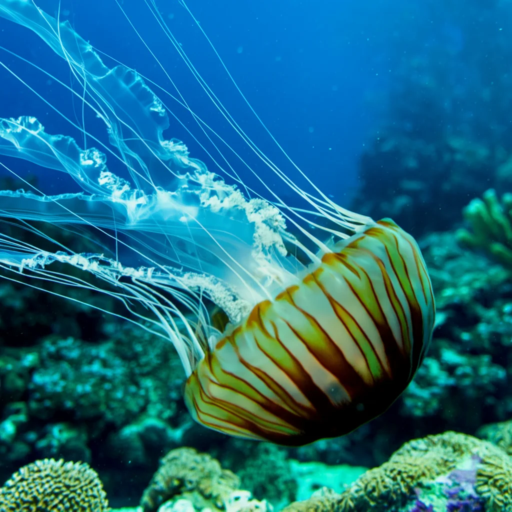 Une grande méduse aux longs tentacules flottants dérive dans l’océan. La méduse a une cloche ronde et translucide avec des rayures brunes et un groupe de bras buccaux à froufrous en dessous. Il est entouré d’eau bleue et une barrière de corail est visible en arrière-plan.