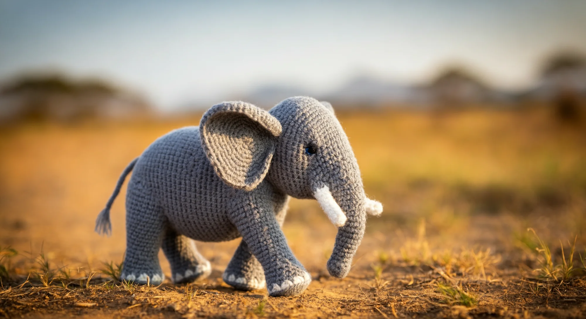 A small, gray crocheted elephant toy stands on a dirt path in a grassy field. The elephant has white tusks and toenails and black eyes. The background is a blur of green and brown foliage, with the sun setting in the distance.