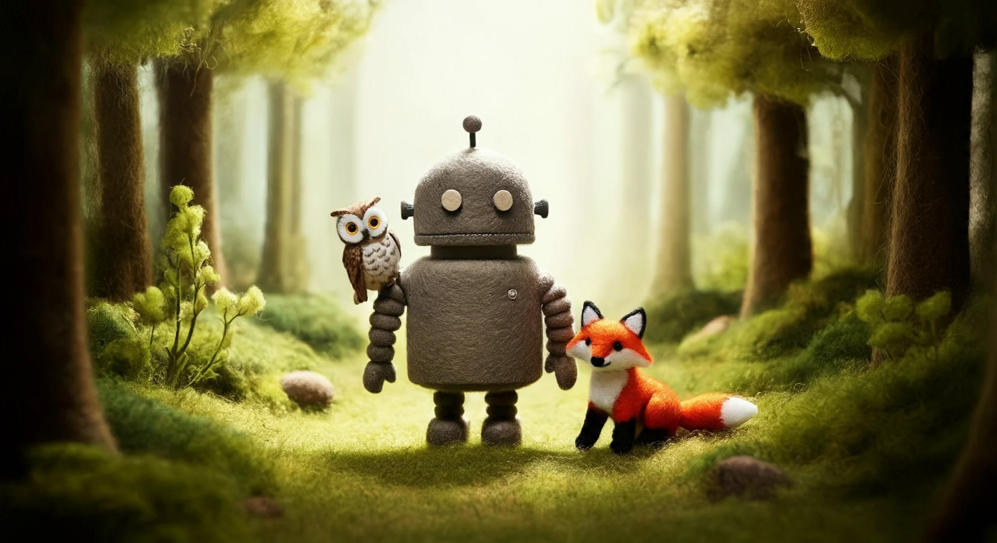 A felt robot stands in a sunlit forest clearing, with a felt owl perched on its shoulder and a felt fox sitting at its feet. The robot is grey, with large round eyes and a slightly worried expression. The owl has large, orange eyes and brown feathers. The fox has red fur and a bushy tail. The forest floor is covered in green moss and fallen leaves.